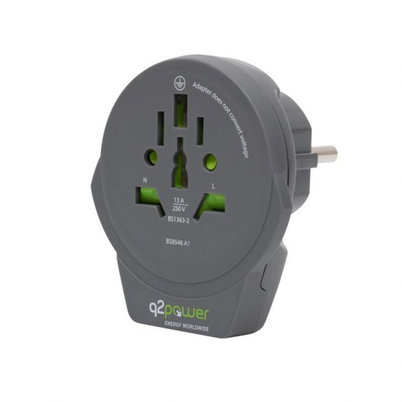 q2power 1.100110-TH Adaptor de călătorie, USB din lume către Europa, USB 5V 2.4A, max. 16 A, 250 V - 4000 W putere