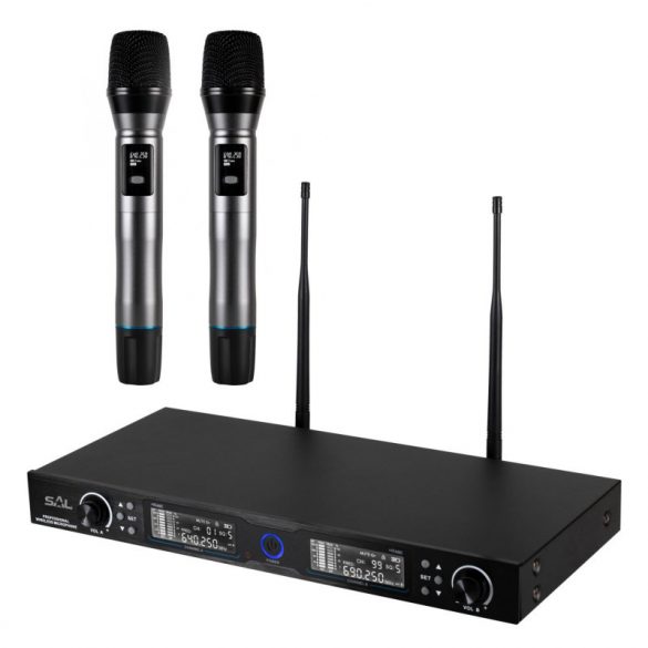 Set microfon wireless SAL MVN 910, anulare digitală a zgomotului, 2x100 canale, rază de acțiune ~140 m, bandă de frecvență UHF, compatibil cu rack