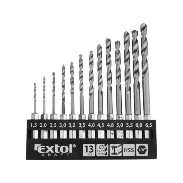 EXTOL CRAFT burghie de metal, 13 buc, HSS; 1,5-6,5mm, 1/4 BIT, lustruit, în suport de plastic, pe blister